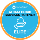 Snowflake Elite AI Data Cloud Services Partner badge with a hand holding a cloud icon.