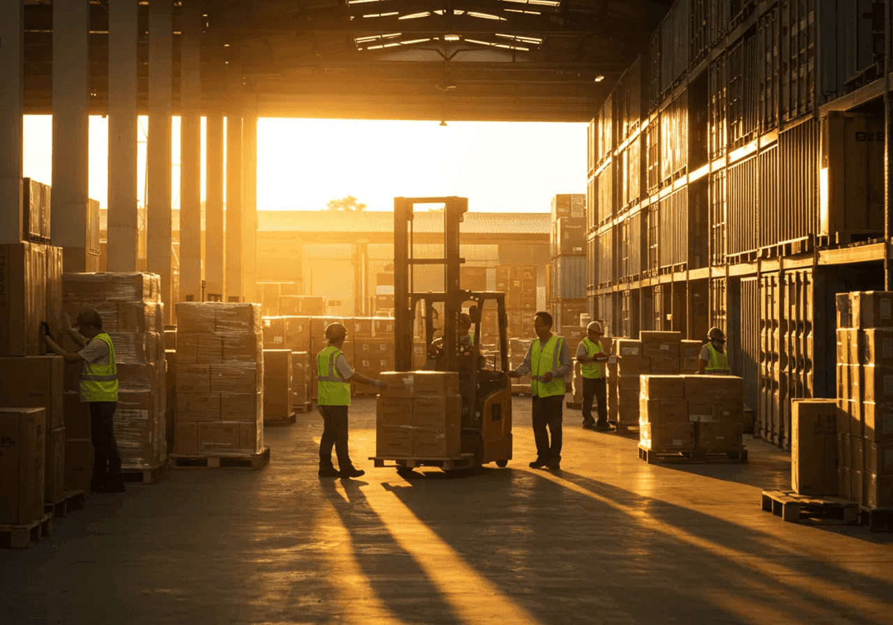 People with reflective safety vests on working in a warehouse with packages