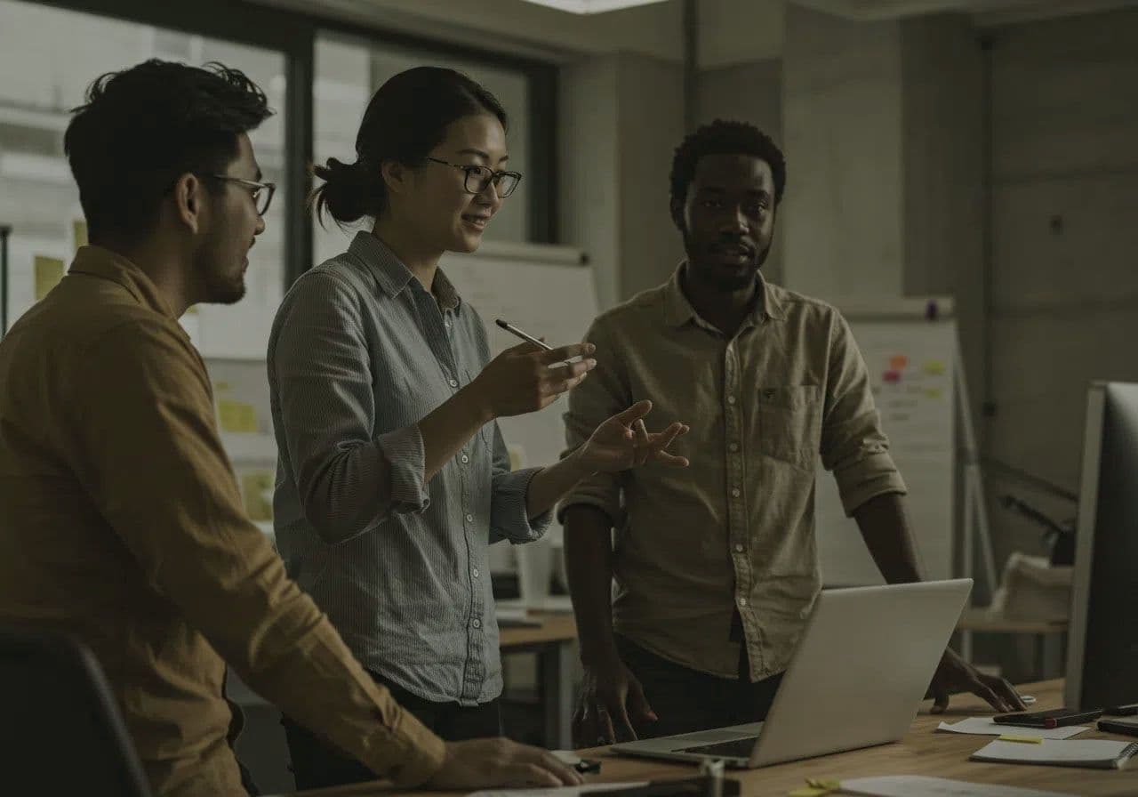 Three colleagues working together standing at a desk in front of a computer.