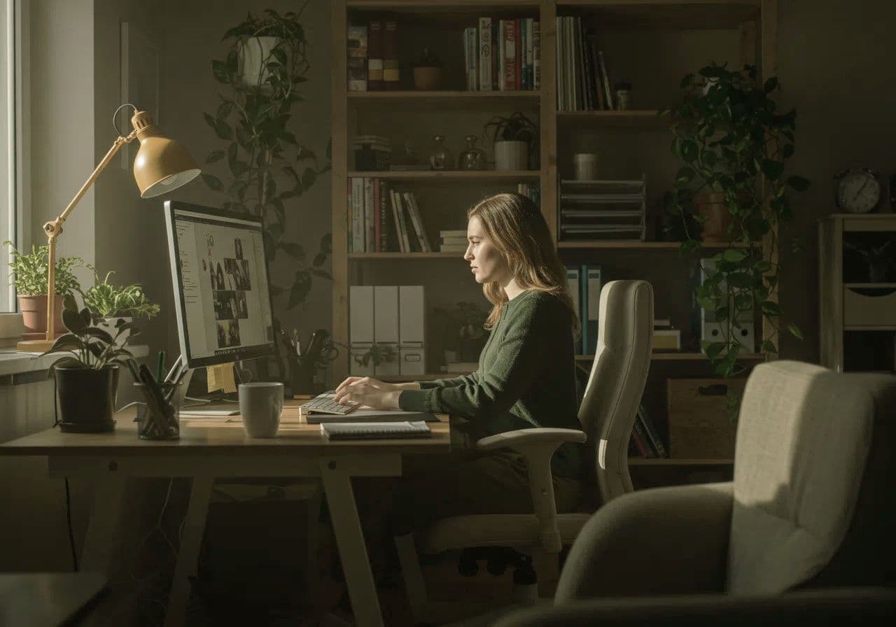 A woman working on her computer at her home office.
