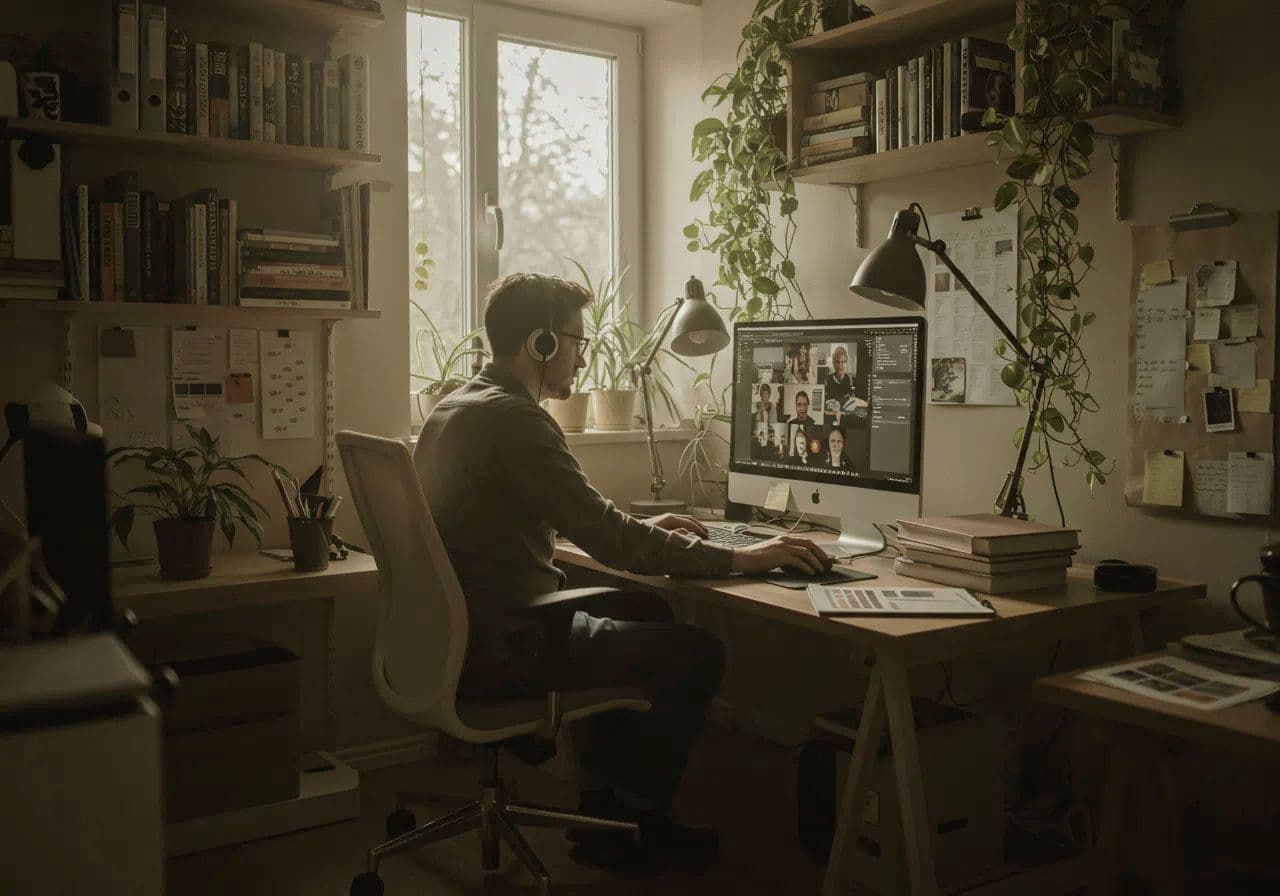 A man working on her computer at her home office.