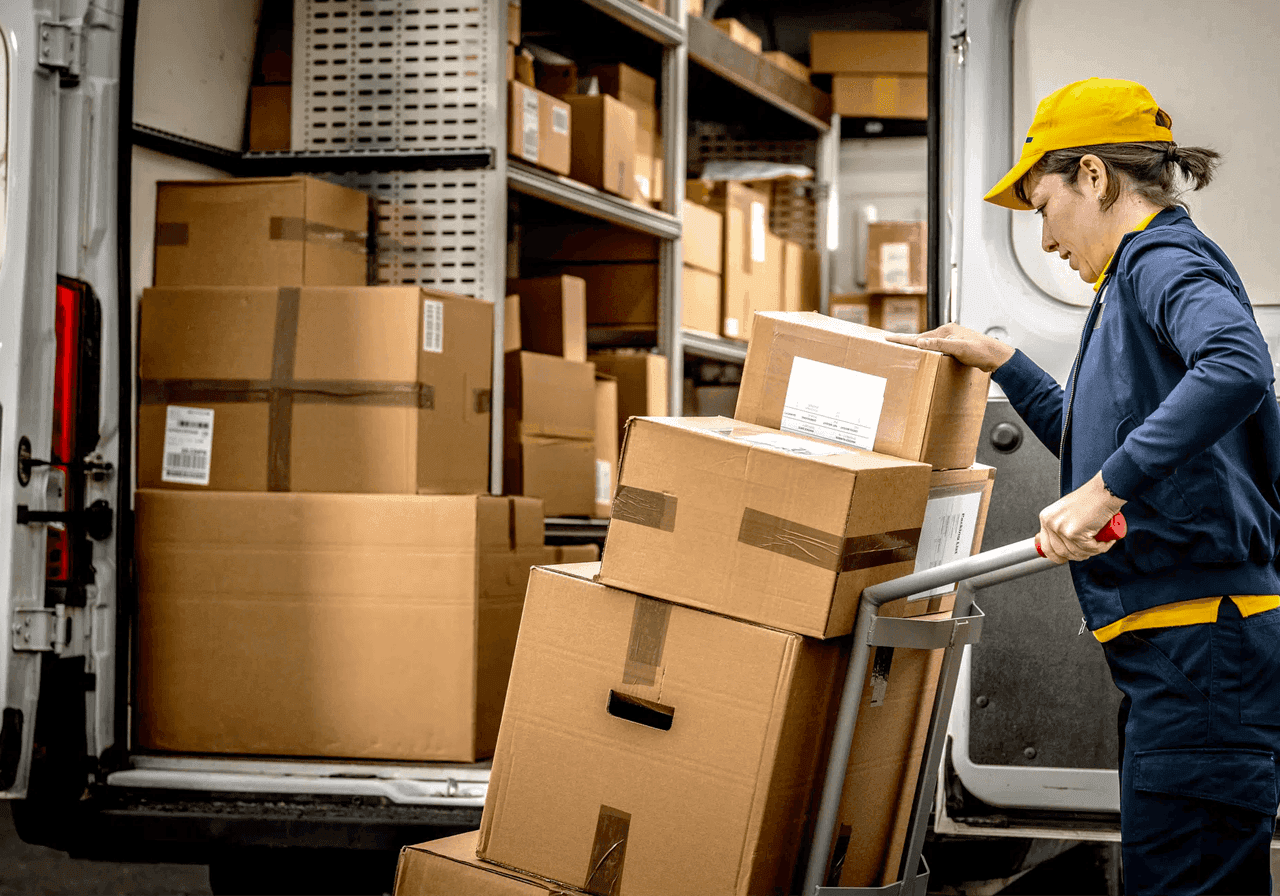 A woman loading packages in the back of a delivery truck.