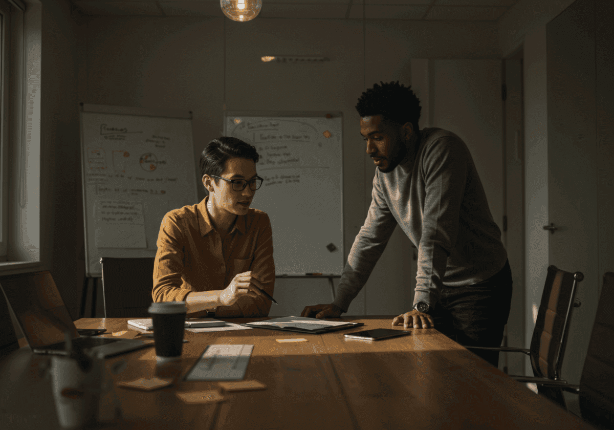 Two men working at a conference room table at an office.