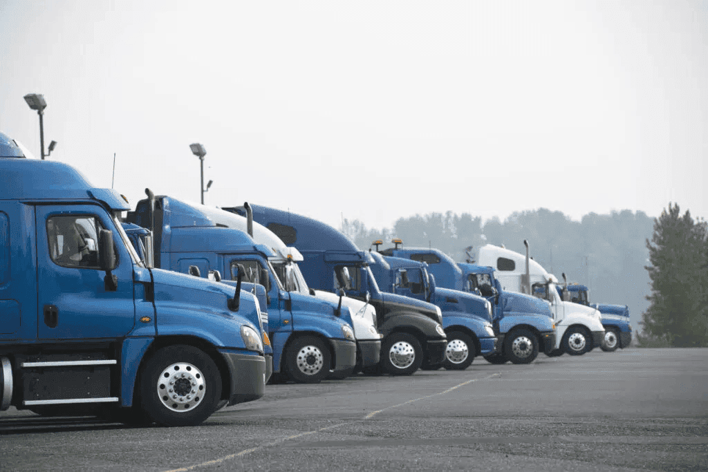 Eight semi trucks lined up next to each other in a parking lot.