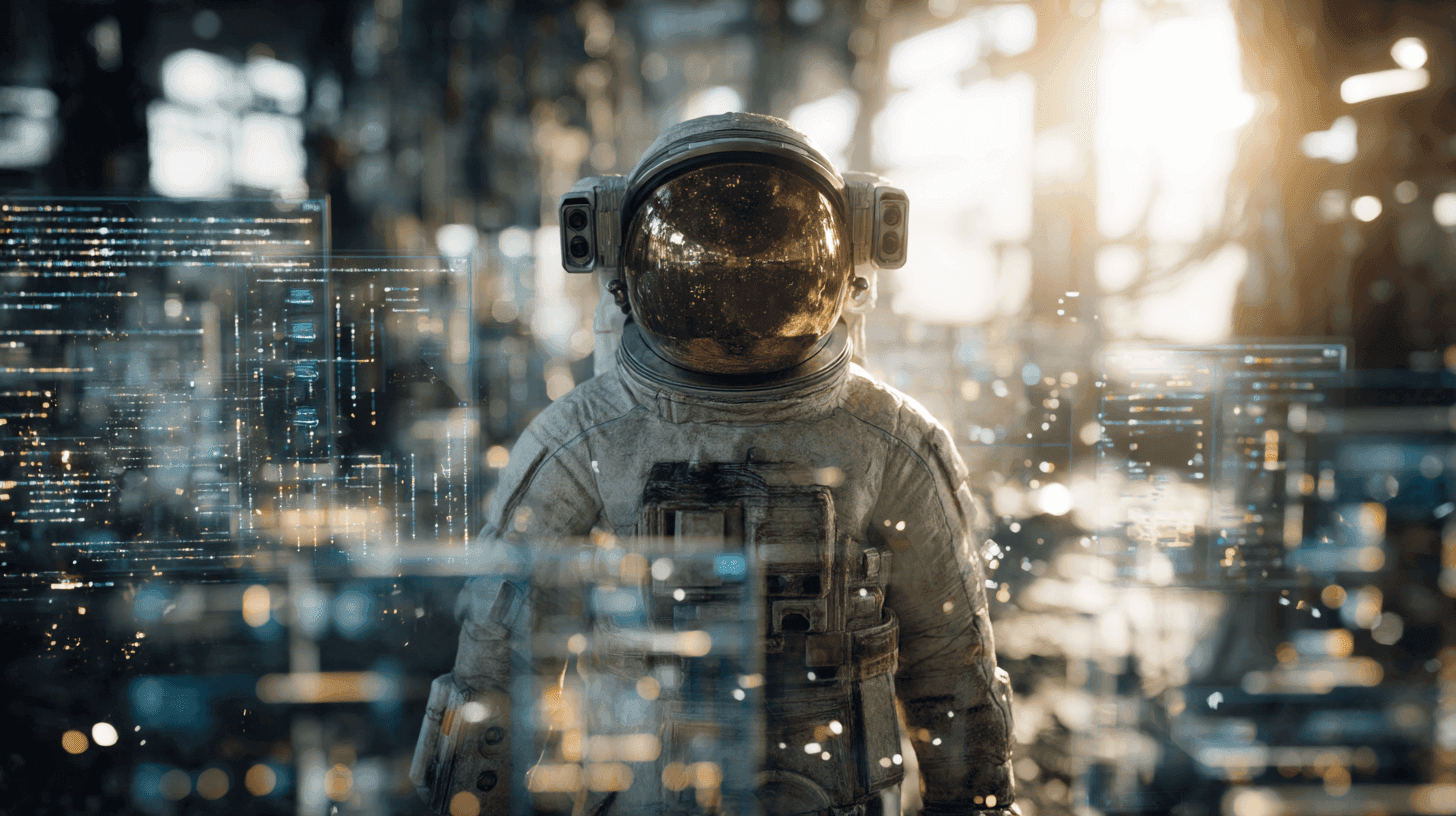 Astronaut in spacesuit surrounded by glowing digital data streams and futuristic interfaces.