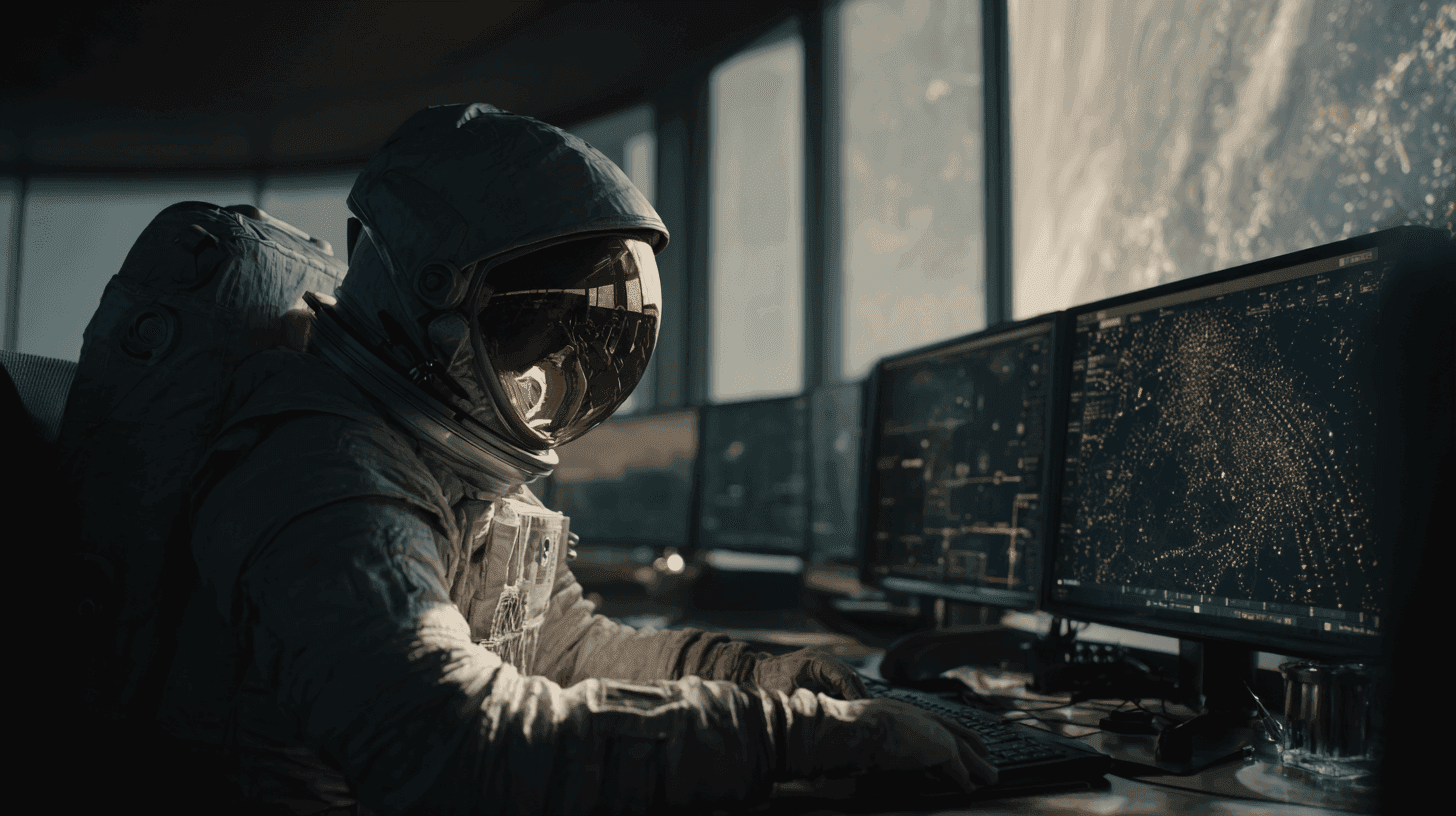 Astronaut in a space suit working at multiple computer monitors with Earth visible outside.
