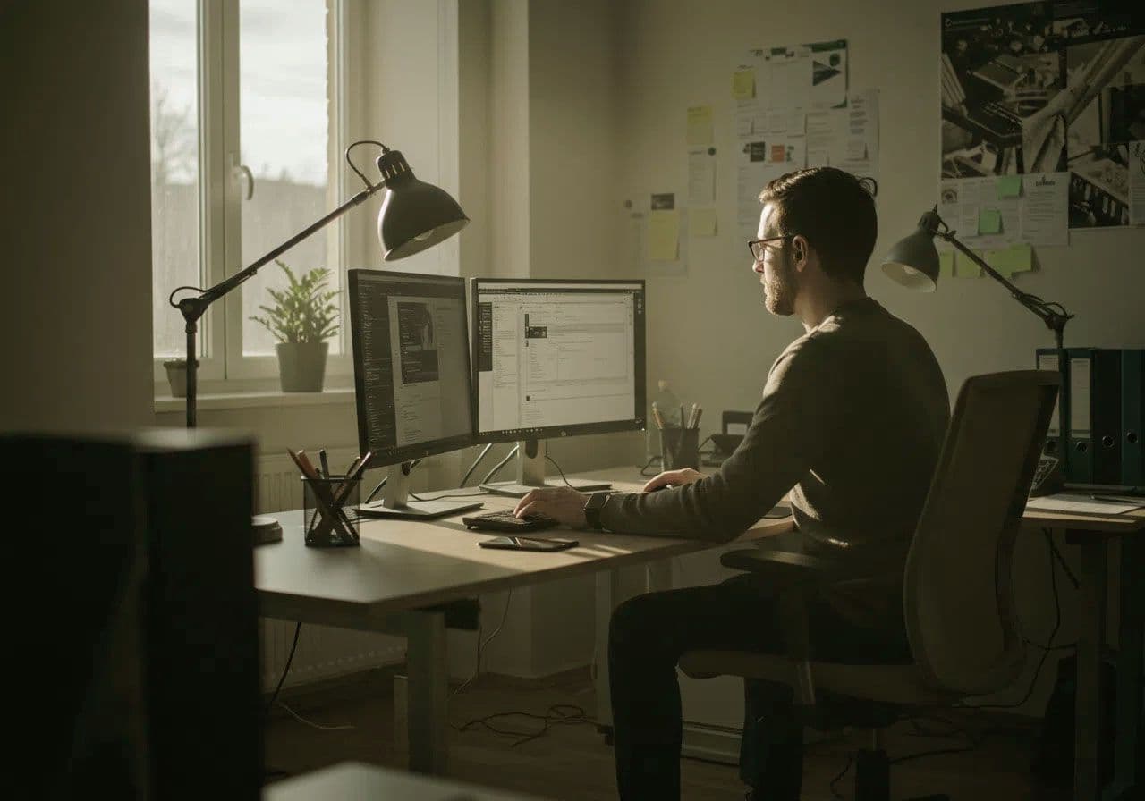 A man sitting at a desk doing work on his computer in his home office.