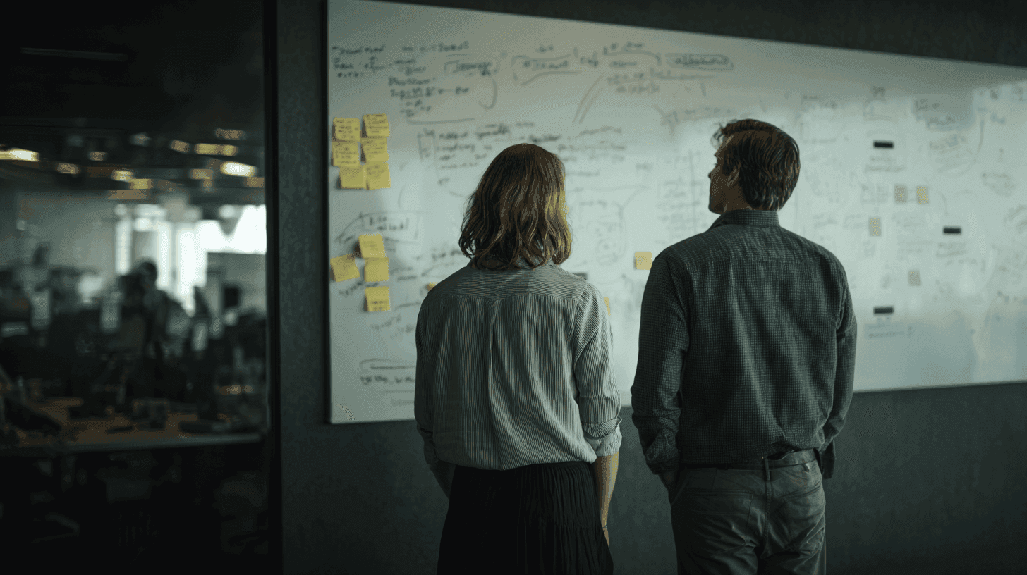 Two people brainstorm ideas on a whiteboard with sticky notes in an office.