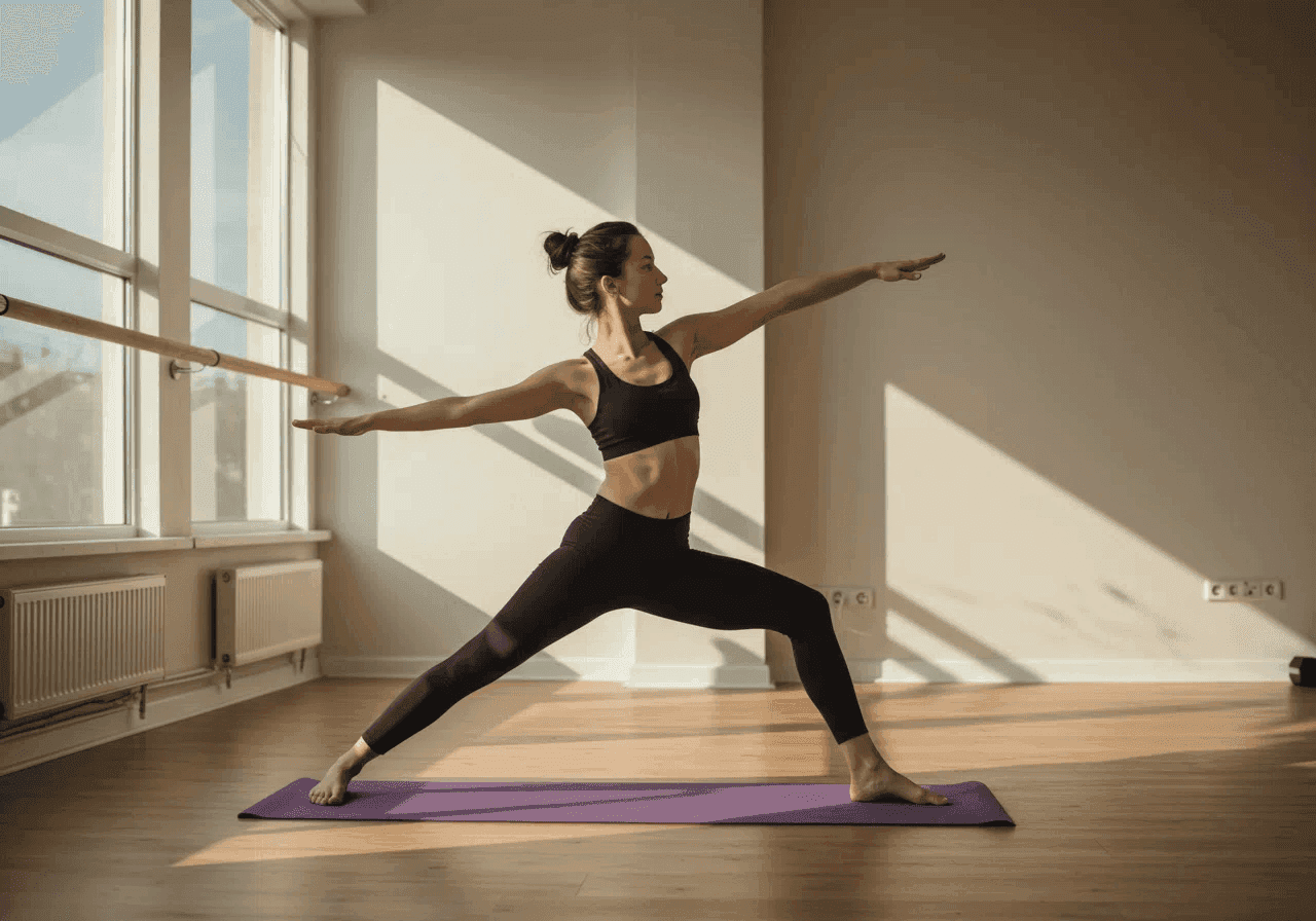 A woman doing yoga on a purple yoga mat in a sunny studio