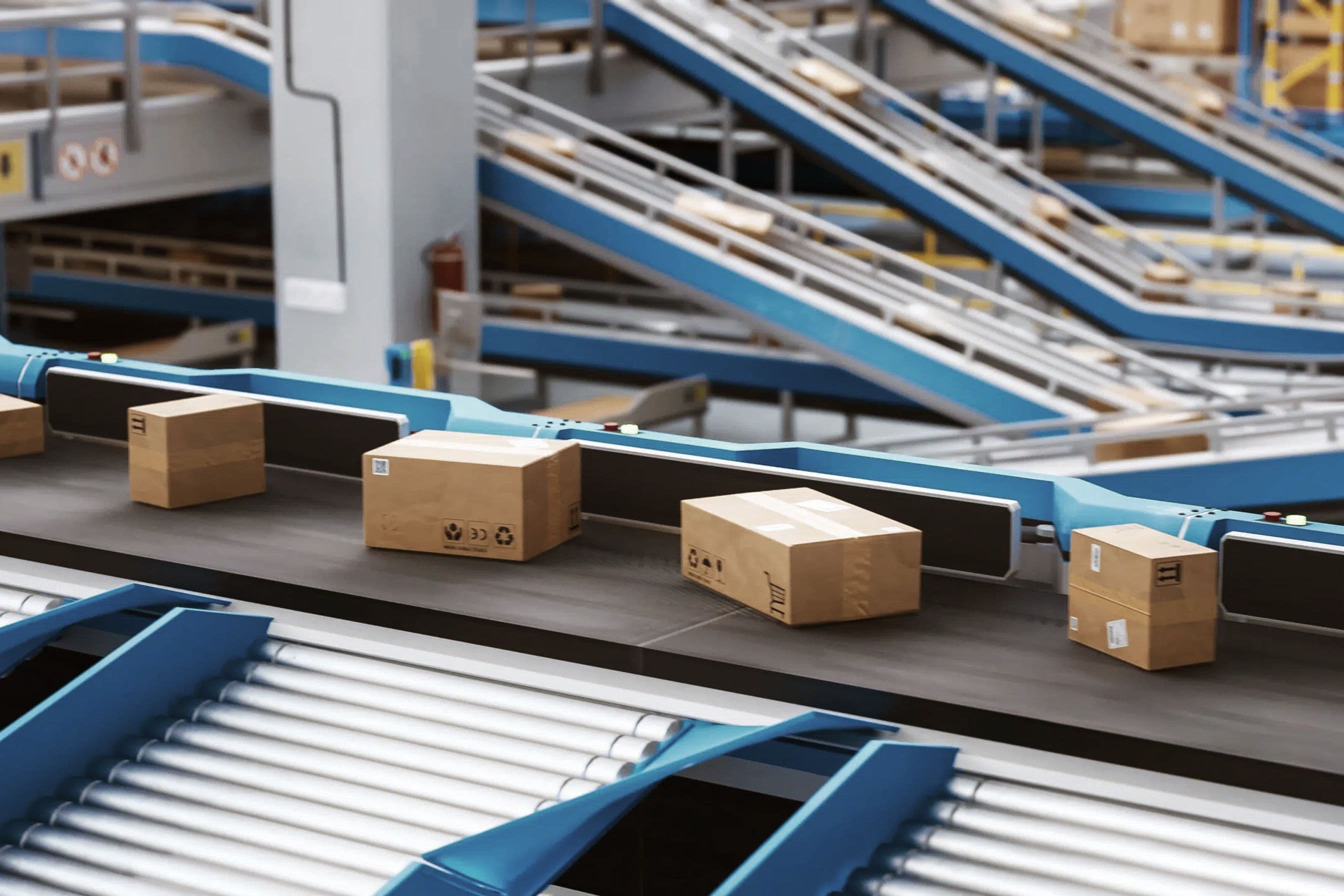 A conveyer belt with packages on it.