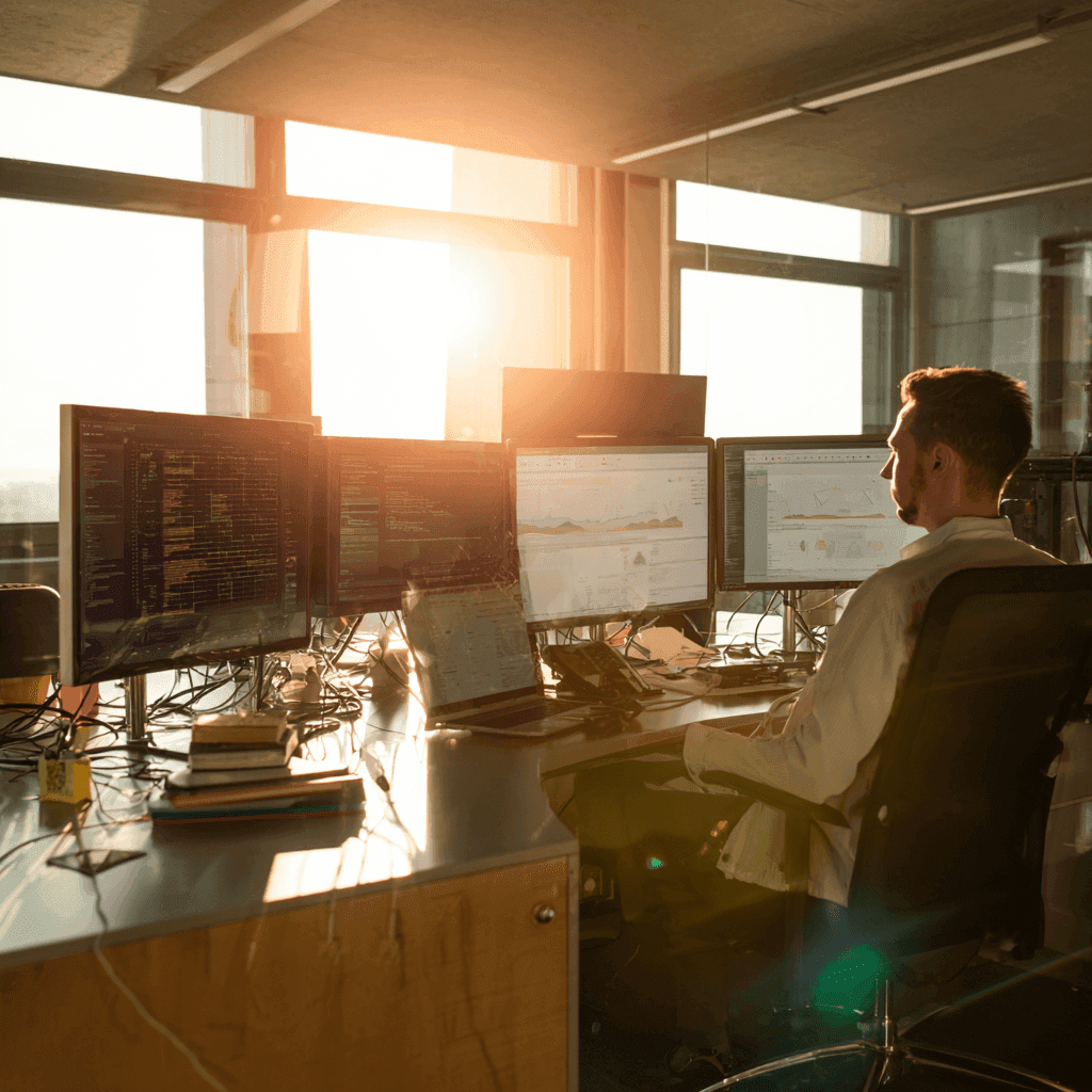 A man sitting in front of a computer a number of screens.