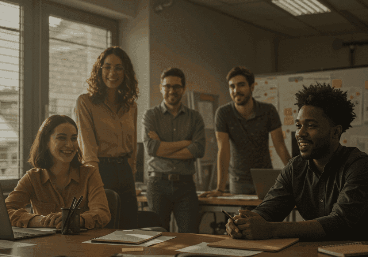 A group of five colleagues in an office smiling at the camera.