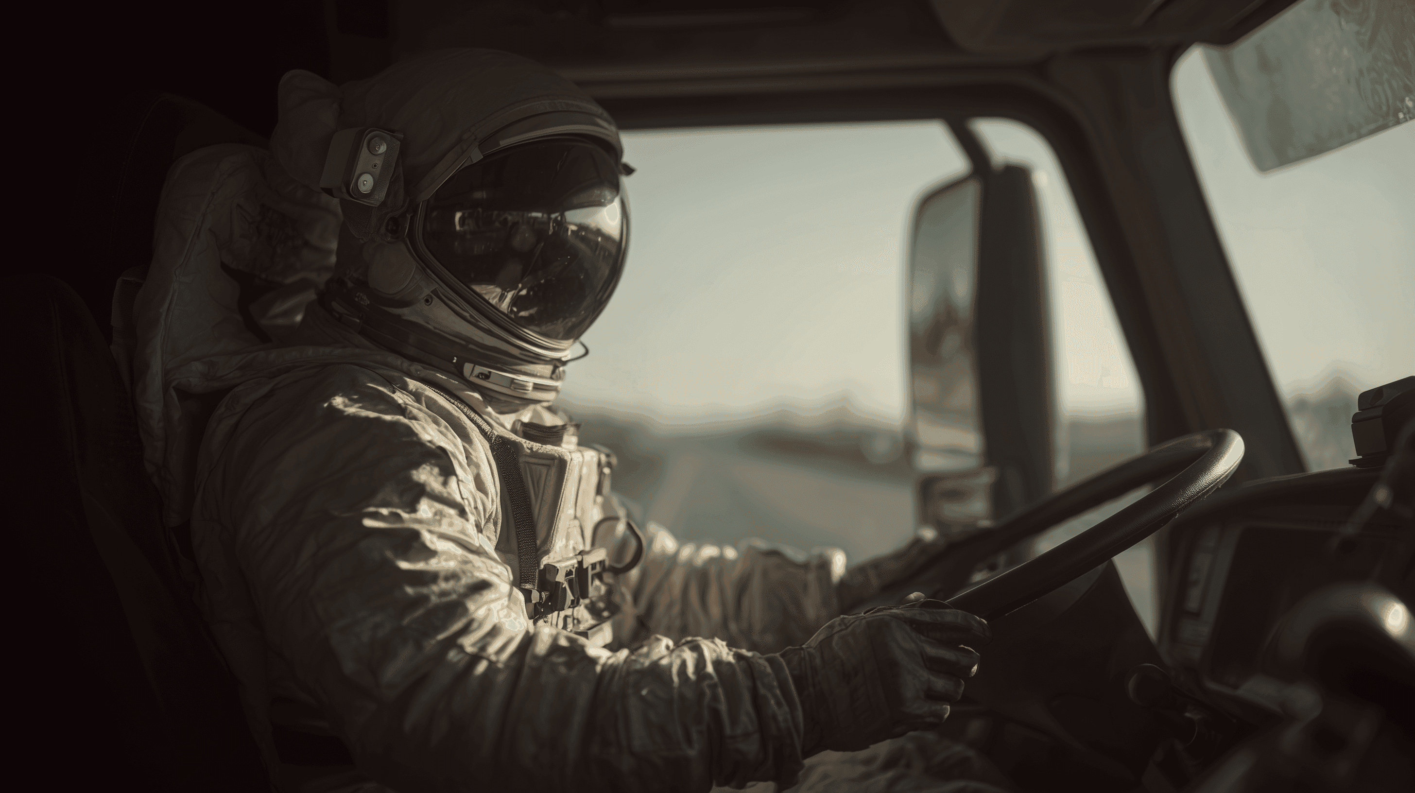 An astronaut in a full space suit and helmet drives a large truck on an open road.