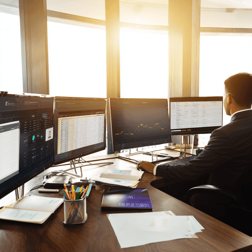 A man sitting in front of a computer a number of screens.