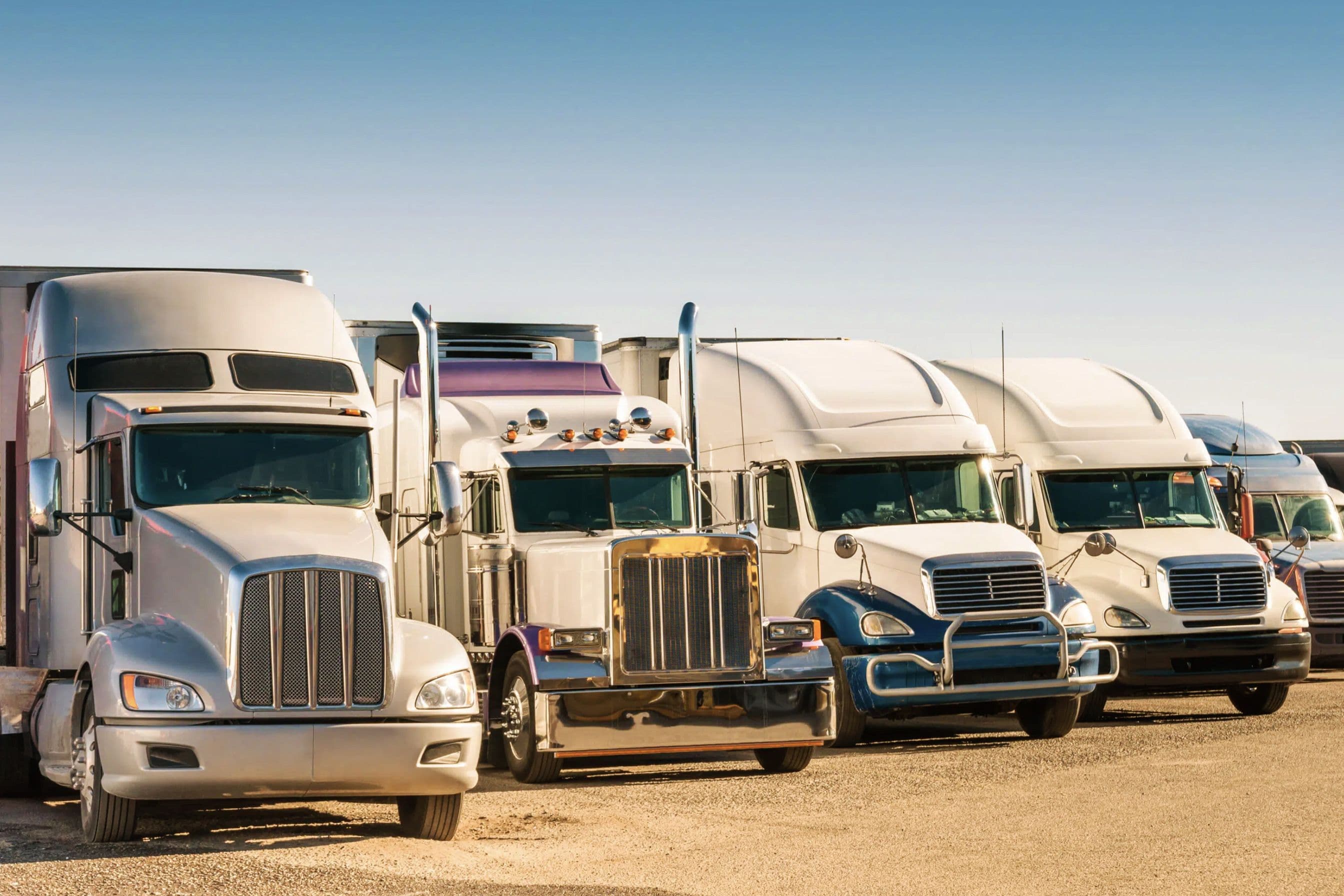 Five white semi trucks lined up next to each other.