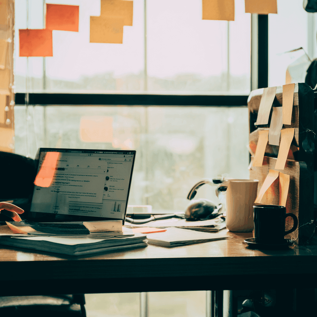 A laptop on a desk with a bunch of sticky notes.